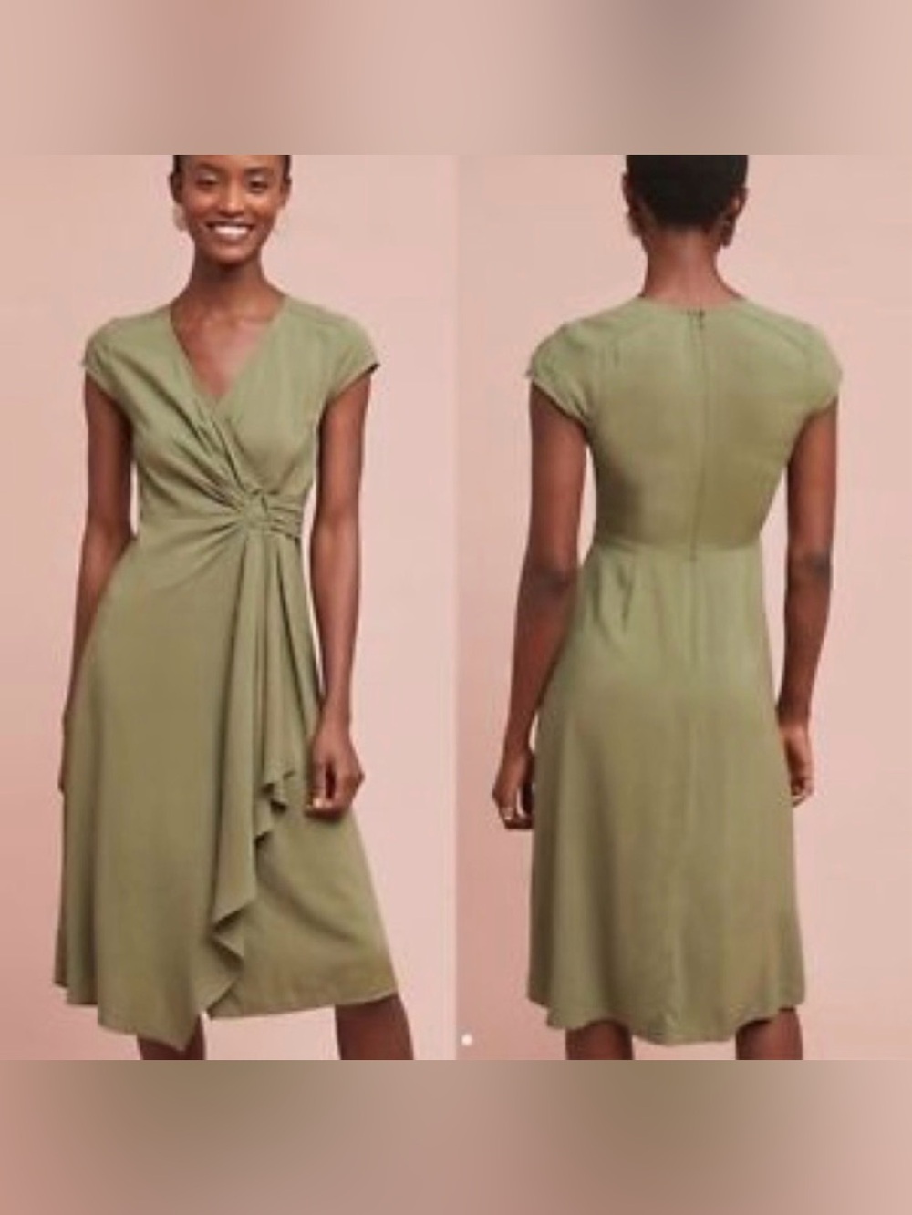 Maeve x Anthropologie Rayna V-Neck Wrap Dress Moss Green Midi Size 2